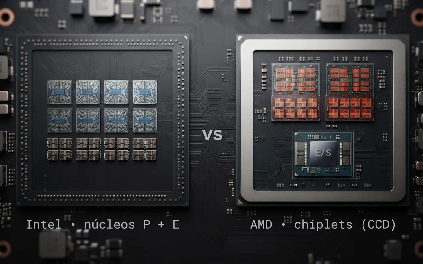 Ilustración de un procesador Intel con núcleos P y E frente a un procesador AMD con chiplets y chip de entrada y salida